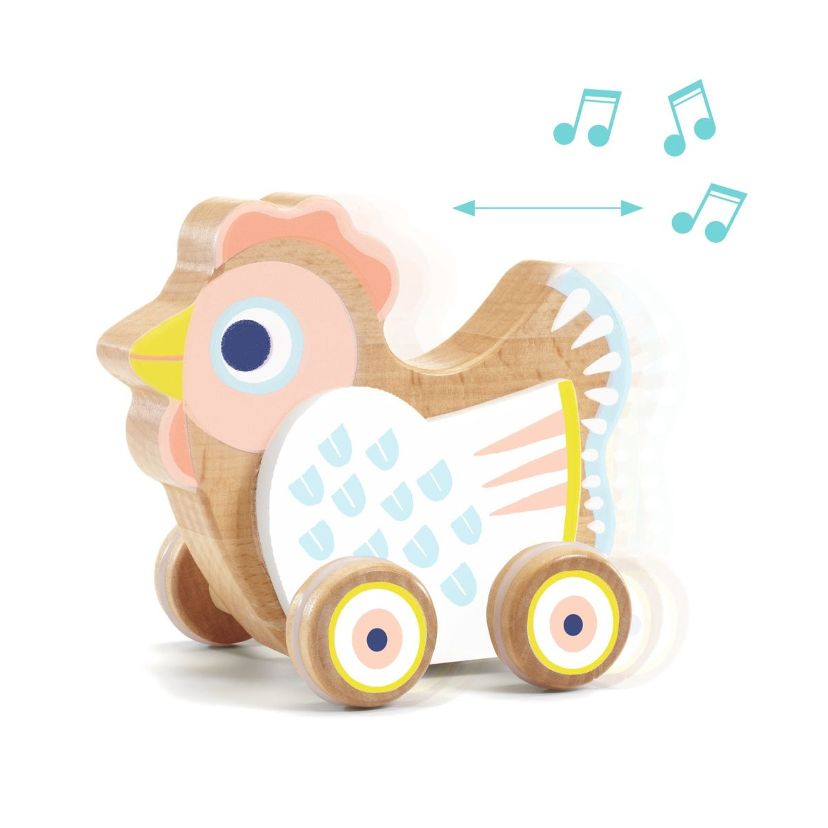 Das Schiebetier BabySing von Djeco ist ein süßes Holzspielzeug für Kinder ab 10 Monaten. Das kleine Huhn saust fröhlich durchs Zimmer und spielt dabei eine Melodie. Dabei ist es ganz egal, ob die Henne vorwärts oder rückwärts unterwegs ist.