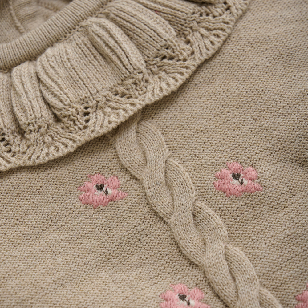 Detailansicht des feinen Blumenmusters und des gestrickten Rüschenkragens am Baby-Pullover von Minymo.