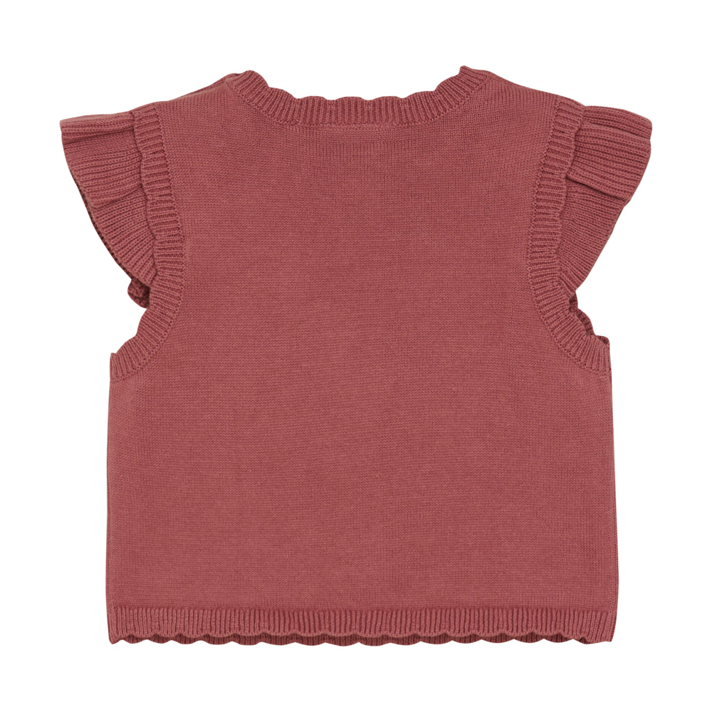 Rückseite des gestrickten Mädchenpullunders von Minymo in Whitered Rose – ohne Motiv, mit zarten Schulterrüschen.