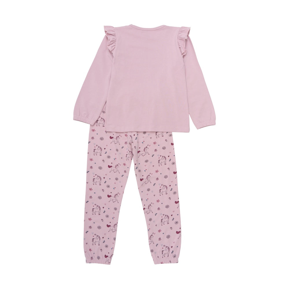 Pyjama von Minymo aus einer weichen Baumwollmischung bestehend aus einem langärmeligen T-Shirt und einer langen Hose, die einen All-Overprint mit Einhörnern hat. Das T-Shirt hat Rüschen an der Schulter und Stofffalten auf der Brust und ein Herz auf der Brust, das mit Einhörnern ausgefüllt ist. Rückseite