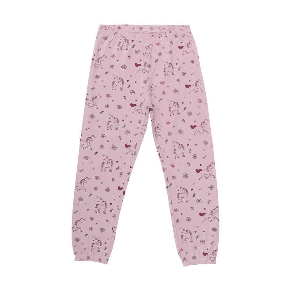 Lange Pyjamahose in rosa von Minymo, die einen All-Overprint mit Einhörnern hat.