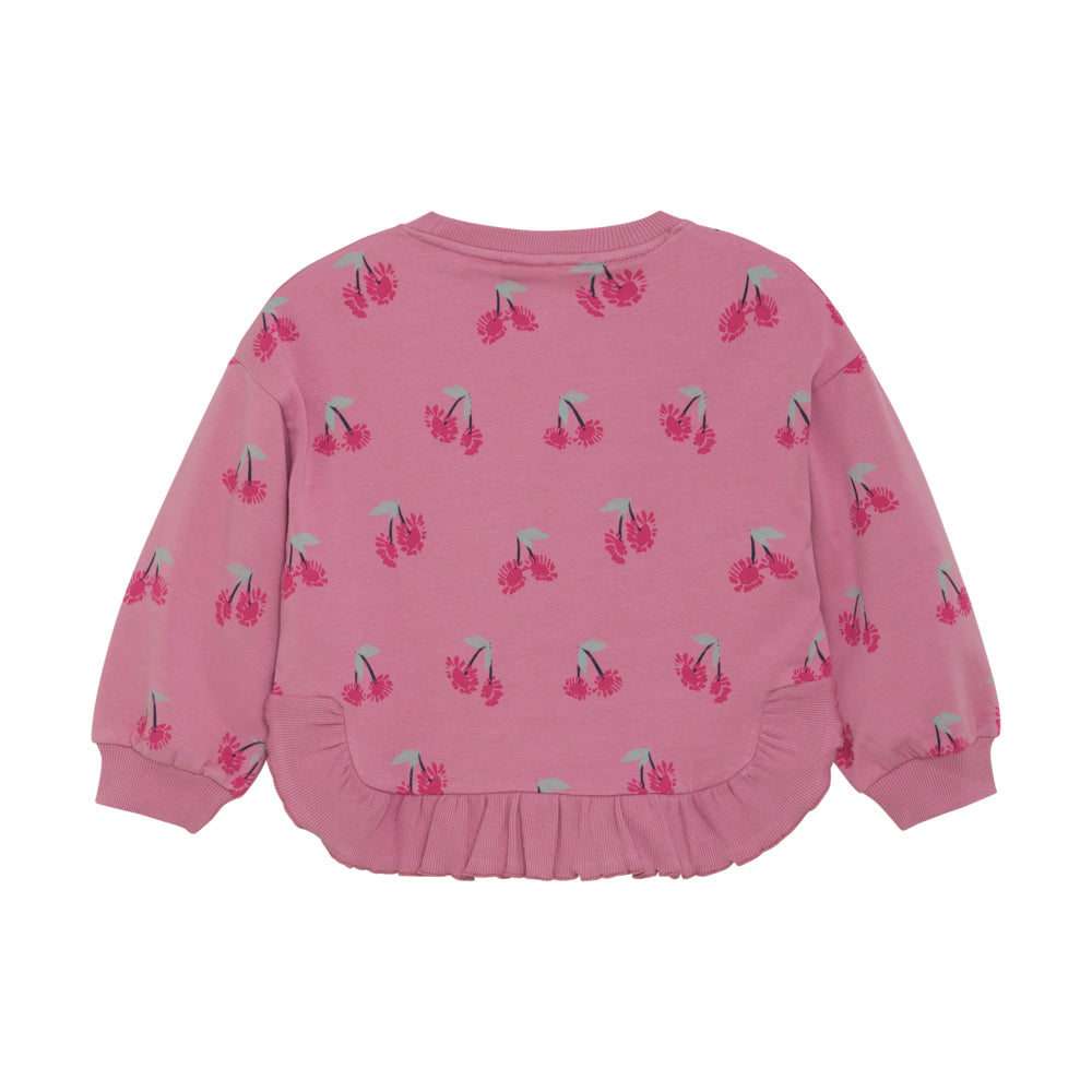 Rückansicht des Minymo Sweaters mit Kirschenmuster im Alloverprint.