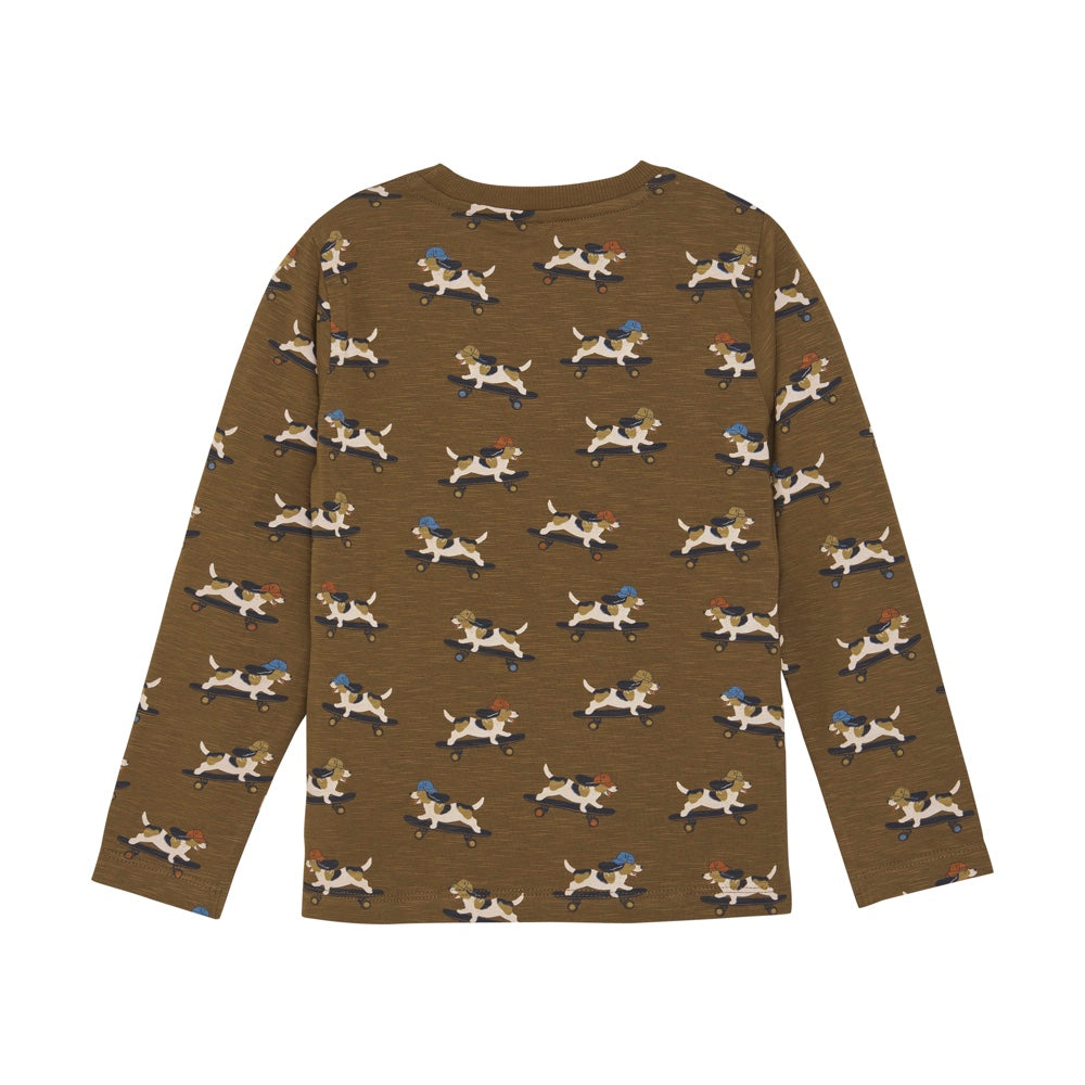 Langarmshirt mit Hundeaufdruck in braun von Minymo   Das T-Shirt besteht aus einer weichen Baumwollmischung. Rückseite