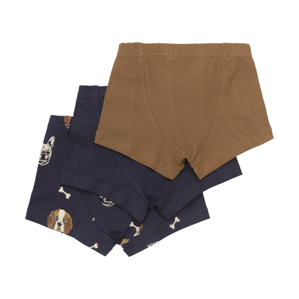 3er-Pack Boxershorts von Minymo. Das Pack besteht aus zwei einfarbigen Varianten und einer Variante mit Hundeaufdruck. Rückseite