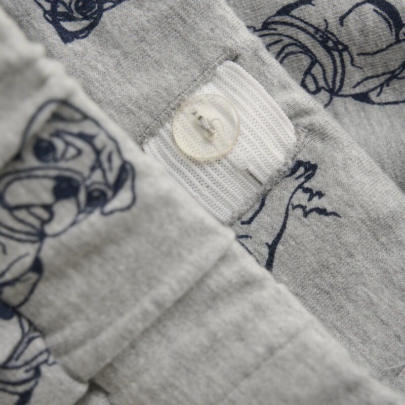 Shorts sweat in grau von Minymo mit Mops-Allover-Print, verstellbarer Gummizug, Nahaufnahme