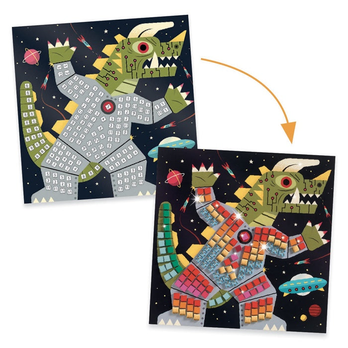Ein Set, um etwas über die Kunst des Mosaiks zu lernen, bei dem Roboter schrecklichen Monstern gegenüberstehen.