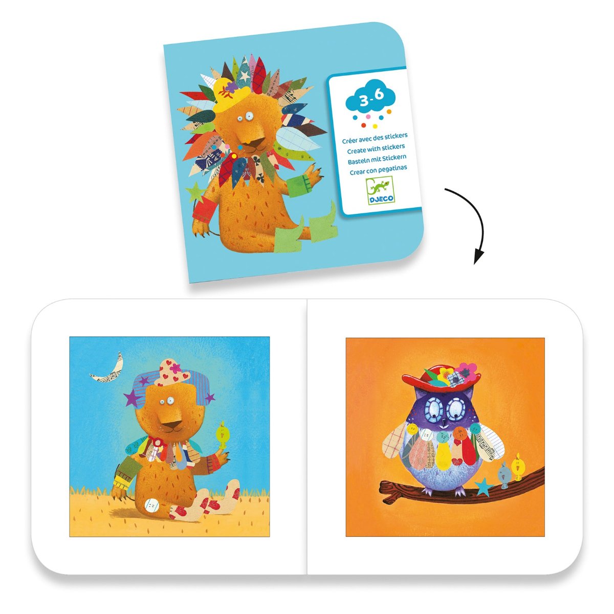 DJECO Sticker + Vorlage "Tiere" - mit insgesamt 16 Vorlagen und 6 Stickerfolien voll mit bunten Stickern haben Kinder die Möglichkeit Tiere selber dekorativ zu gestalten. Wilde Mähnen, bunte Gewänder - es gibt viel zu tun. Mit den Stickern Tiere haben die Kinder 1000 Möglichkeiten lustige Tiere zu kreieren. Eine tolle Idee für Kinder ab 3 Jahren.