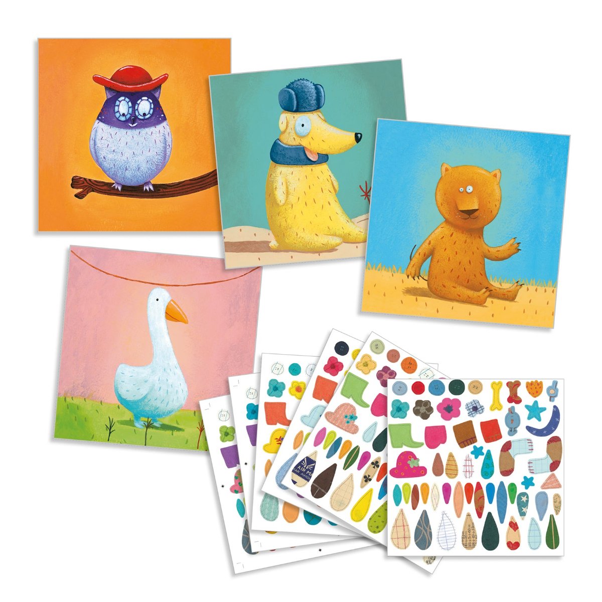DJECO Sticker + Vorlage "Tiere" - mit insgesamt 16 Vorlagen und 6 Stickerfolien voll mit bunten Stickern haben Kinder die Möglichkeit Tiere selber dekorativ zu gestalten. Wilde Mähnen, bunte Gewänder - es gibt viel zu tun. Mit den Stickern Tiere haben die Kinder 1000 Möglichkeiten lustige Tiere zu kreieren. Eine tolle Idee für Kinder ab 3 Jahren.
