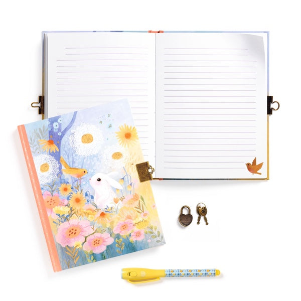 Tagebuch mit Hase und Vogel, innen Linien und Zauberstift und Schloss