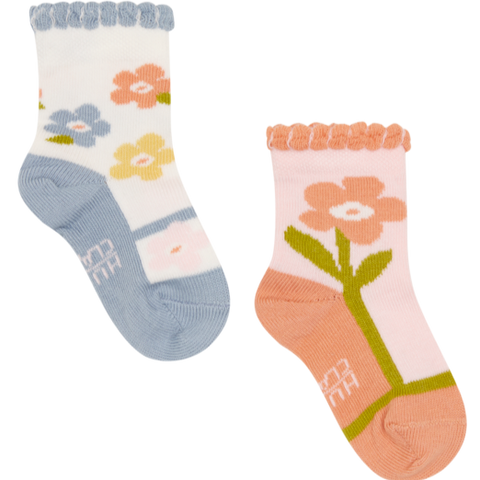 Die Socken gibt es in der praktischen 2er Packung. Sie haben schöne Blumenmuster aufgedruckt.