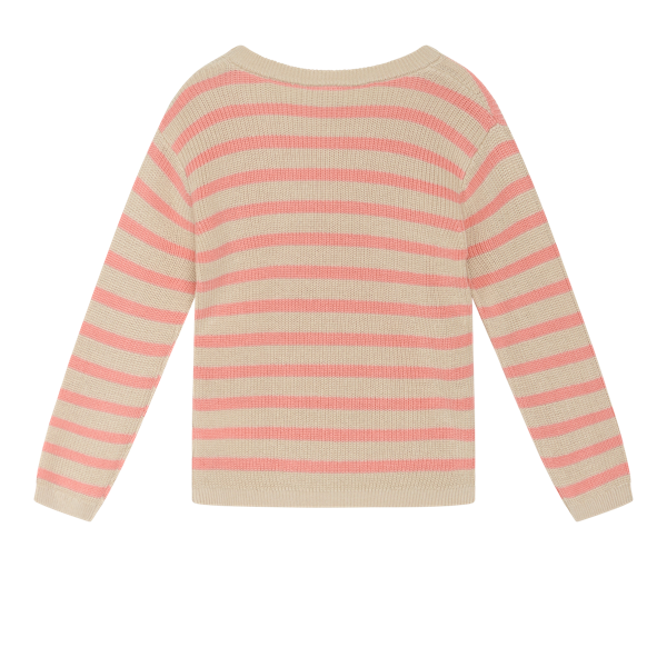 Der Pullover ist ein Materialmix aus weicher Bambusviskose und Baumwolle. Er ist gestreift und ist in schönem Rippstrick gehalten.