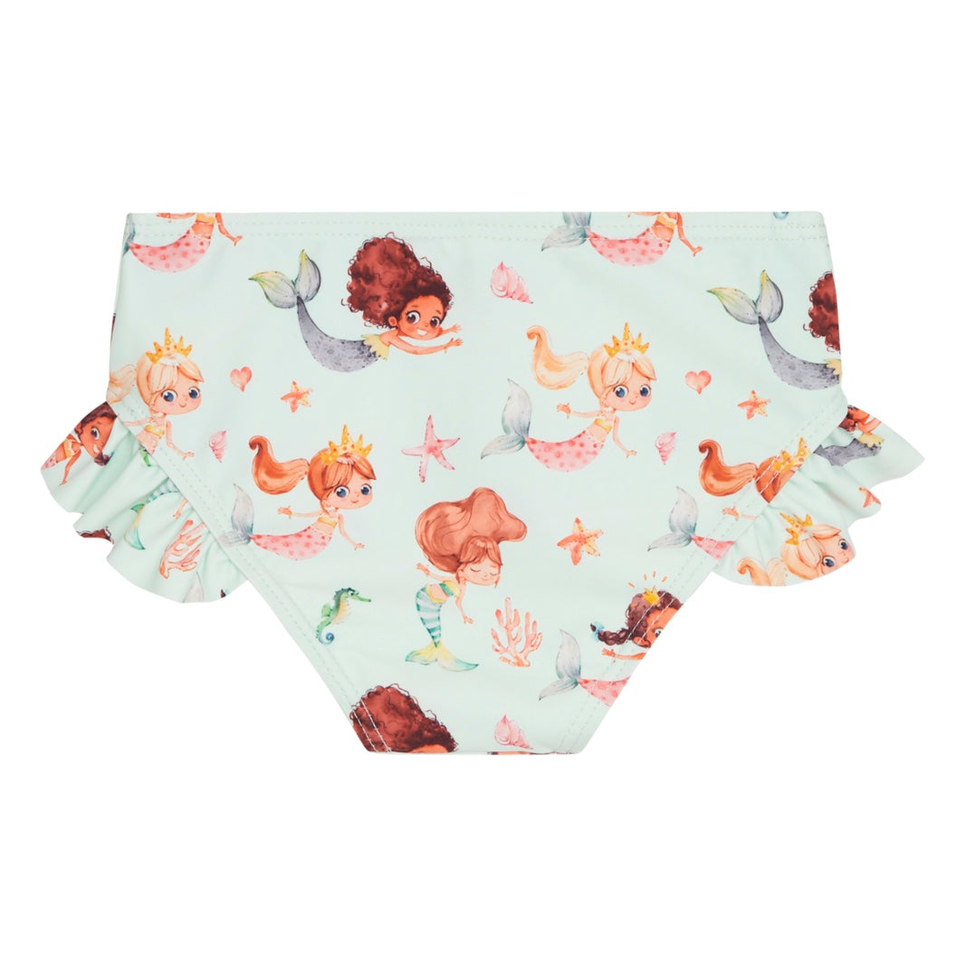  Dieser Bikini ist einem Meerjungfrauen-Print

Das Oberteil verfügt über Rüschenträger, die am Rücken zusammenkommen. 