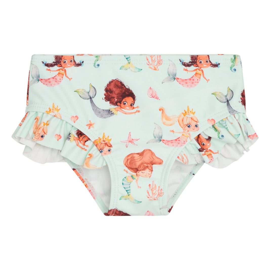  Dieser Bikini ist einem Meerjungfrauen-Print

Das Oberteil verfügt über Rüschenträger, die am Rücken zusammenkommen. 