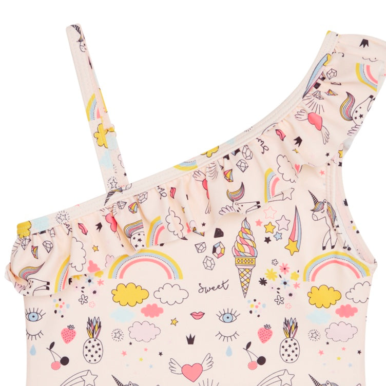 Asymmetrischer Badeanzug mit einem Einhorn-Print und mit Rüschen an der linken Schulter. Dieses Modell verfügt über einen verstellbaren Träger. Der Badeanzug verfügt über einen UV50+/UPF50-Filter. Dieses Produkt besteht zu 83 % aus recyceltem Polyester. Dieses Produkt ist Oeko-Tex 100® zertifiziert