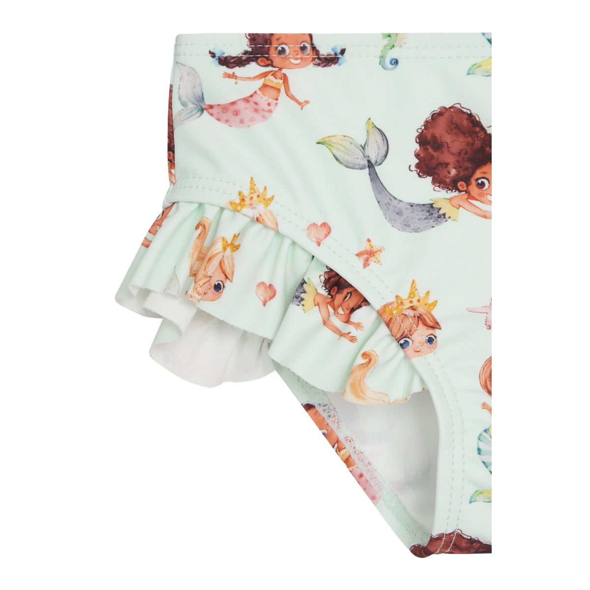  Dieser Bikini ist einem Meerjungfrauen-Print

Das Oberteil verfügt über Rüschenträger, die am Rücken zusammenkommen. 