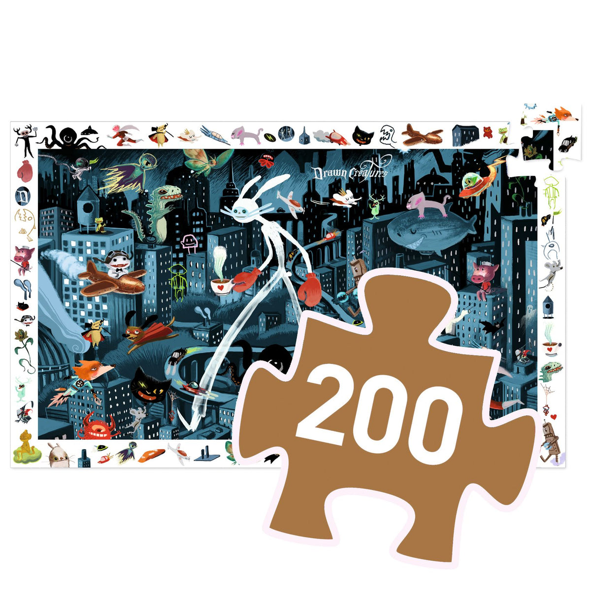 Ein Puzzle mit 200 Teilen zum Entdecken einer Stadt bei Nacht, in der lustige Figuren herumflattern. Das Kind stellt sein Puzzle fertig und sucht dann in dem Bild nach den auf dem Rand angezeigten Bildern.