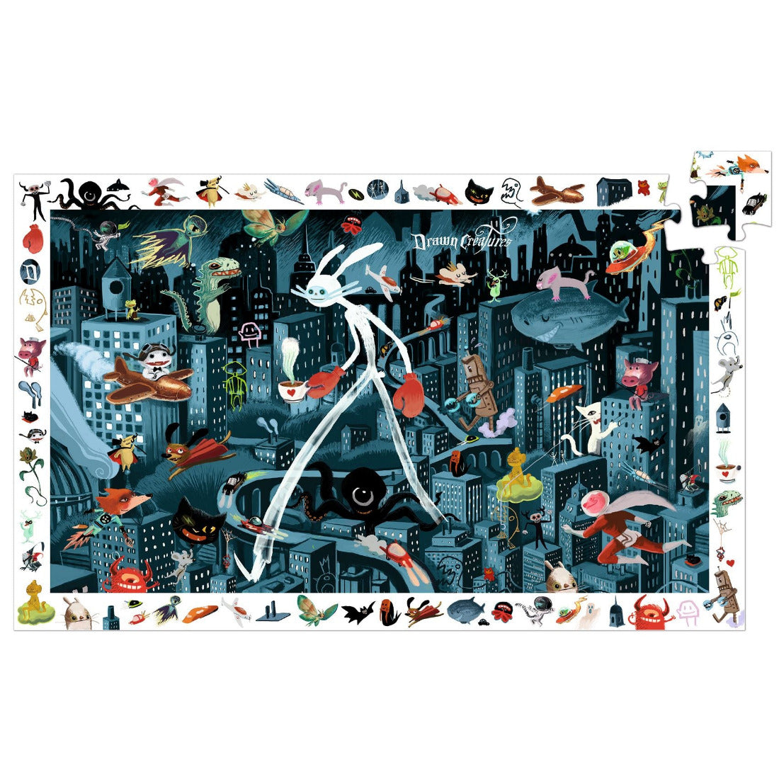 Ein Puzzle mit 200 Teilen zum Entdecken einer Stadt bei Nacht, in der lustige Figuren herumflattern. Das Kind stellt sein Puzzle fertig und sucht dann in dem Bild nach den auf dem Rand angezeigten Bildern.