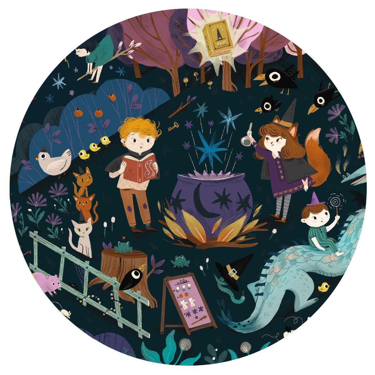 Ein Puzzle mit 200 Teilen zum Entdecken einer Stadt bei Nacht, in der lustige Figuren herumflattern. Das Kind stellt sein Puzzle fertig und sucht dann in dem Bild nach den auf dem Rand angezeigten Bildern.