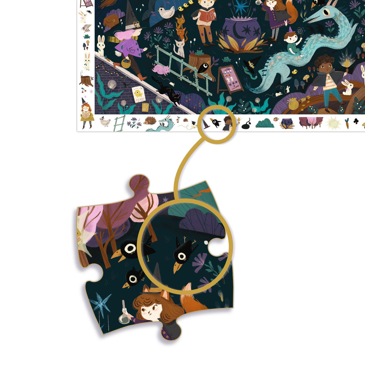 Ein Puzzle mit 200 Teilen zum Entdecken einer Stadt bei Nacht, in der lustige Figuren herumflattern. Das Kind stellt sein Puzzle fertig und sucht dann in dem Bild nach den auf dem Rand angezeigten Bildern.