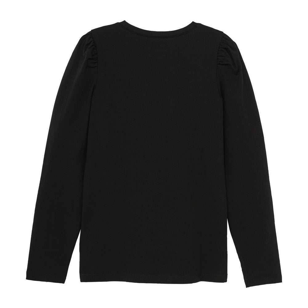 Schlichtes Langarmshirt mit glitzerndem Lippenprint. Die Bluse hat einen Rundhalsausschnitt und einen leichten Falteneffekt an den Schultern. Es besteht aus weicher Baumwollqualität mit etwas Stretch. Rückseite