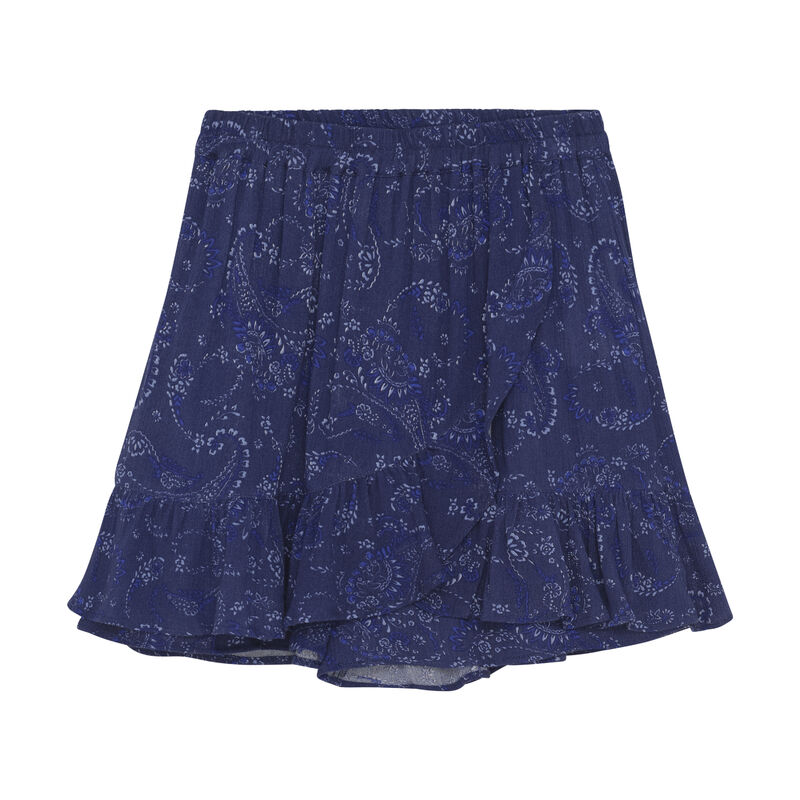 Eleganter Skort mit Paisley-Muster aus leichtem Kreppstoff, kombiniert Komfort von Shorts und die Optik eines Rocks. Ideal für Spiel und Fest. Vorderseite