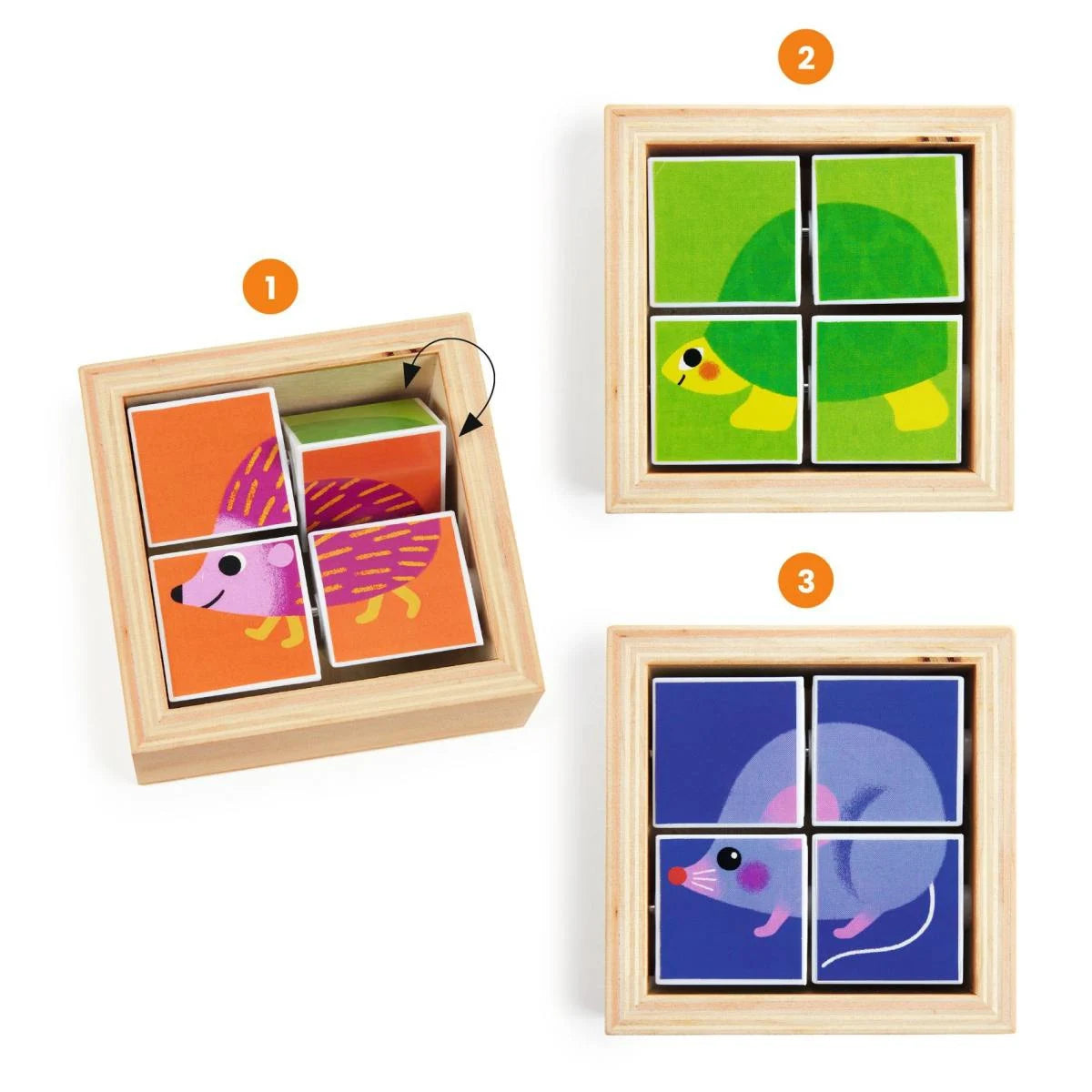 Puzzle mit 3 Motiven: Igel, Maus, Schildkröte