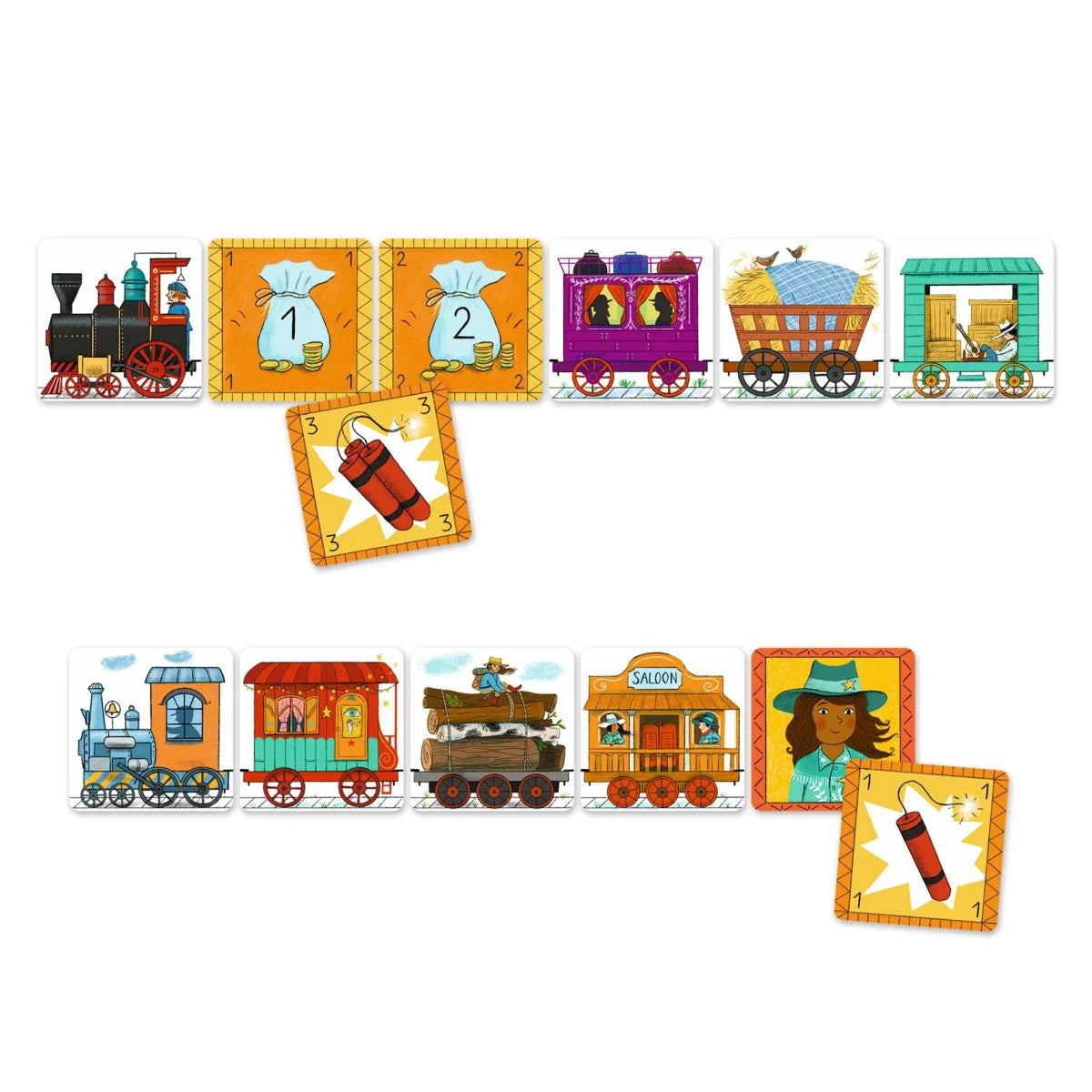 aucht ein in den spannenden Wettstreit der Eisenbahngesellschaften im Wilden Westen! Bei diesem actionreichen Spiel geht es darum, clever zu sein und die meisten Züge zu ergattern. Setzt eure besten Tricks ein, überfallt die Waggons eurer Konkurrenten und passt auf, nicht von den Sheriffs erwischt zu werden!