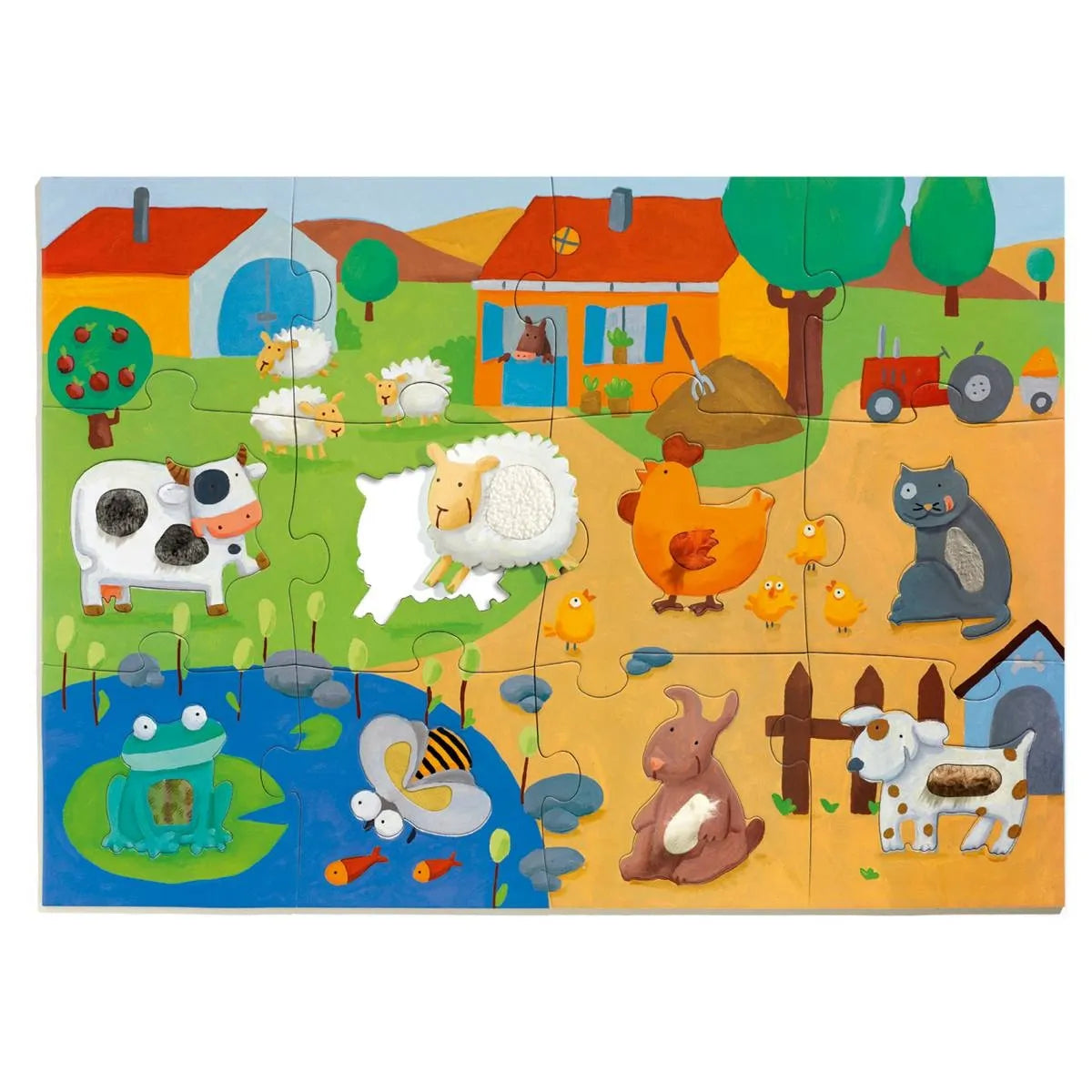 Dieses farbenfrohe Riesenpuzzle lädt Kinder ab 3 Jahren zu einer sinnlichen Entdeckungsreise auf den Bauernhof ein! Neben den 12 klassischen Puzzleteilen enthält das Set 8 zusätzliche Tierpuzzleteile mit verschiedenen Oberflächen zum Ertasten und Fühlen.
