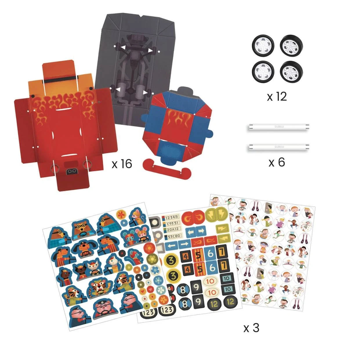 Bereit für das große Rennen? Mit diesem Do-it-yourself Bastelset bauen Kinder drei coole Rennwagen und lassen sie in spannenden Grand Prix- und Rallye-Rennen gegeneinander antreten! Einfach falten, zusammenstecken und losfahren – ein kreativer Bastelspaß mit echtem Spielwert.