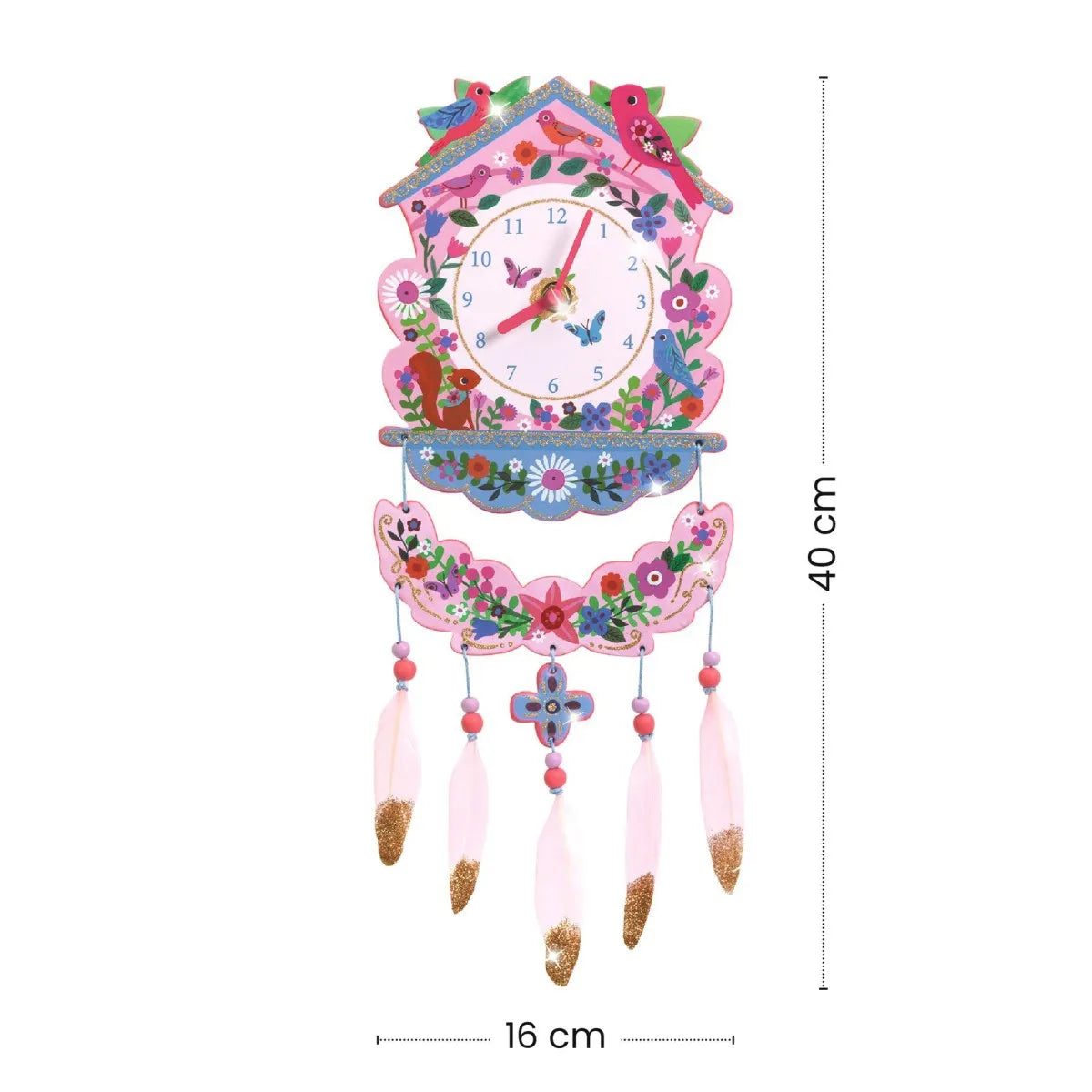 Wanduhr zum Selbstbasteln mit bunten Vögeln und Blumen, Perlen und Rubbelbilder