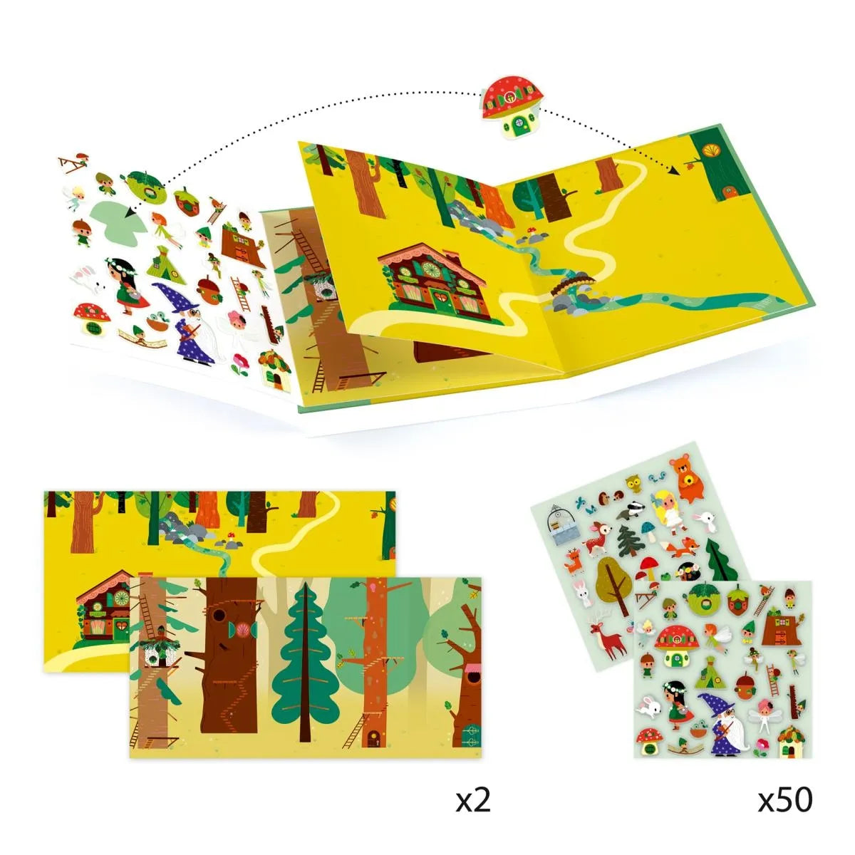 DJECO Stickerbuch mit Märchenthema und über 50 wiederverwendbaren Stickern und 2 großen Panoramabildern. Die wiederverwendbaren "Zauberwald"- Sticker bebildern süße Geschichten die Kinder immer wieder neu gestalten können. Für Kinder ab 4 Jahren ist die verstärkte Mappe eine ideale Beschäftigung für unterwegs und im Restaurant. Nicht verwendete Sticker finden Ihren Platz am Randbereich des Buches. 
