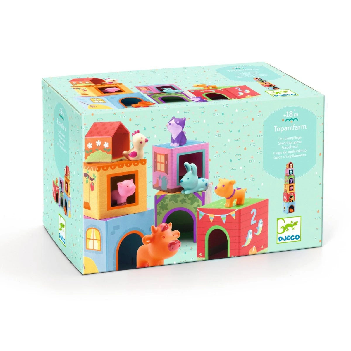 box Djeco Stapelturm Topanifarm – 12-teiliges Spielset ab 18 Monaten. Mit 6 Tieren & Würfeln zum Stapeln oder Spielen. Fördert Motorik & Kreativität.
tiere: kuh, hund, schwein, katze, hase, huhn