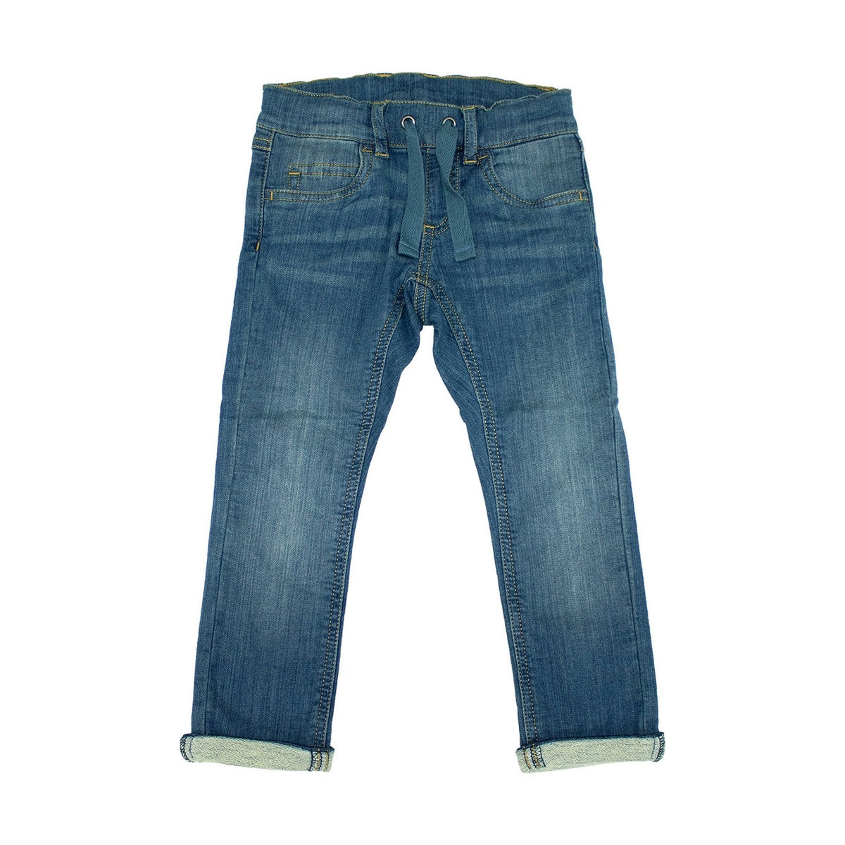 Schmal geschnittene Jeanshose aus weichem und bequemem Sweat-Denim. Verstellbarer Gummizug in der Taille und Falten am Beinende.