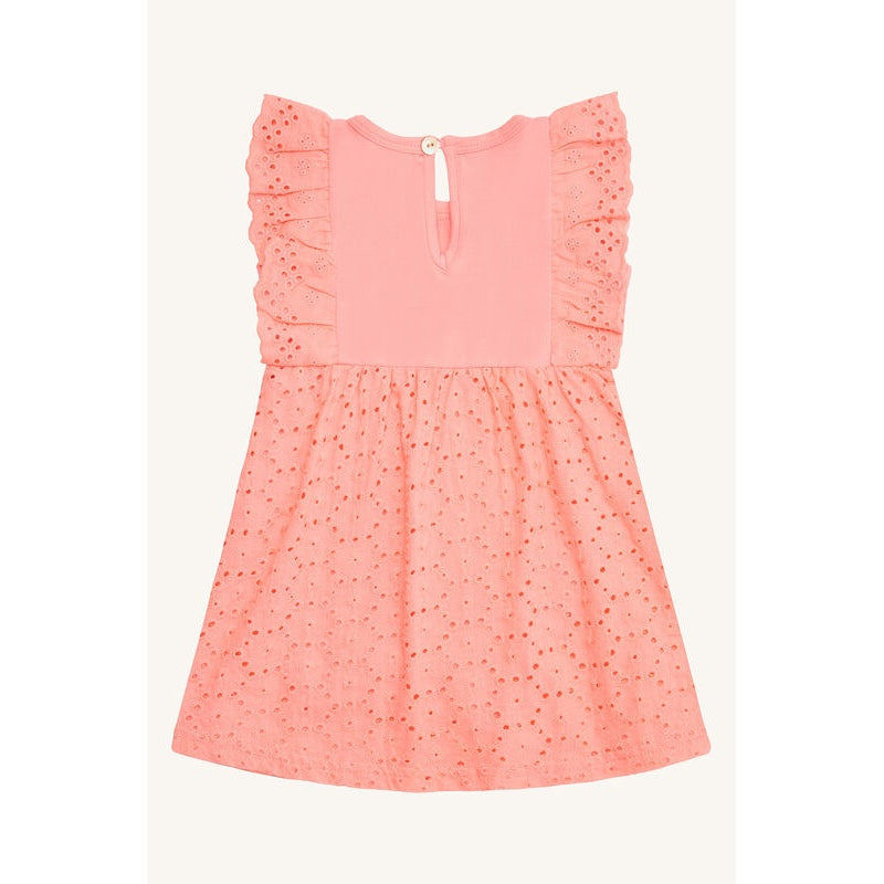 Zauberhaftes Baby-Kleid mit Broderie Anglaise und integriertem Jersey-Body in Farbe Blushing, in Rückansicht