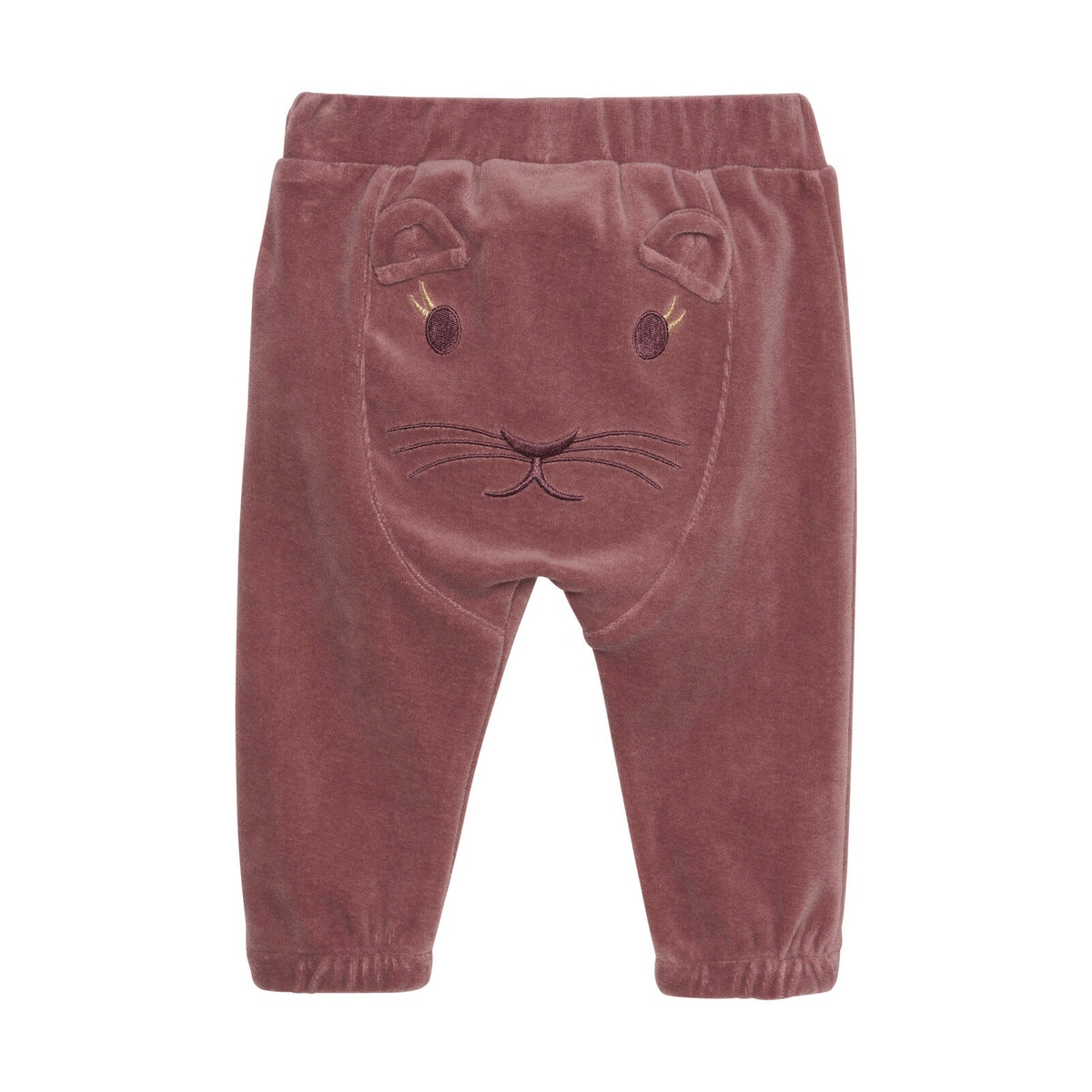 Die Pants ist aus Velourstoff und hat auf der Rückseite einen süßen Bärenkopf. Die Hose hat einen Gummibund an der Taille und ein kleines Bündchen am Beinende.