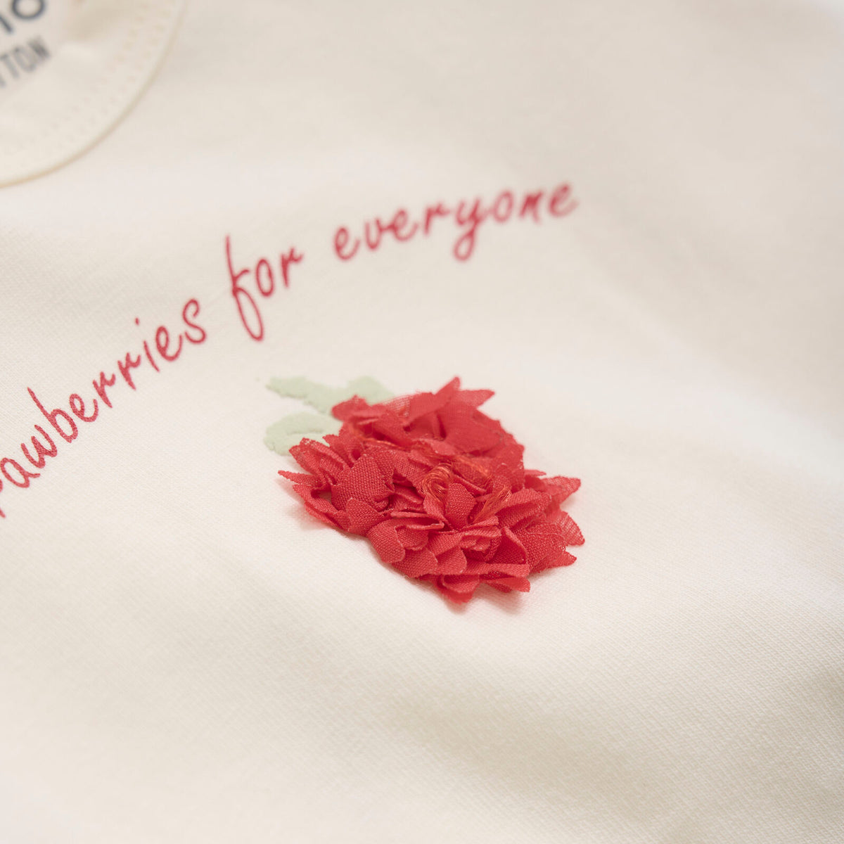 Verziert mit einer fröhlichen Erdbeere auf der Brust und dem Spruch "Strawbeeries for everyone", wird das weiße Shirt zu einem unverzichtbaren Teil eurer Frühlings- und Sommergarderobe - egal, ob ihr ein Erdbeerfan seid oder nicht!