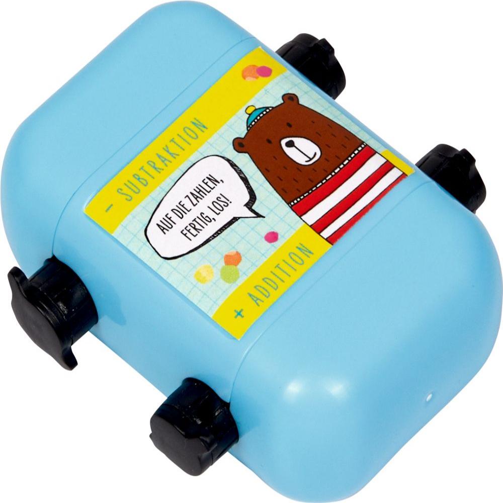 unte Geschenke für Kinder: Doppelseitiger Roll-Stempel mit Matheaufgaben für Addition und Subtraktion. Einfach die Kappe abnehmen, Zahlenfolge über die Rädchen einstellen, abrollen und losrechnen - für bis zu 200 verschiedene Matheaufgaben. Eine ideale Kleinigkeit für die Schultüte, den Adventskalender oder Nikolausstiefel.
