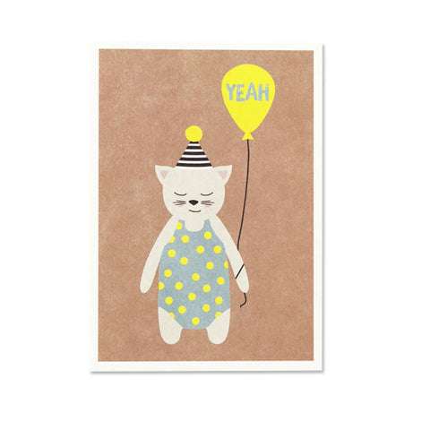 postkarte mit Katze und Luftballon mit Yeah