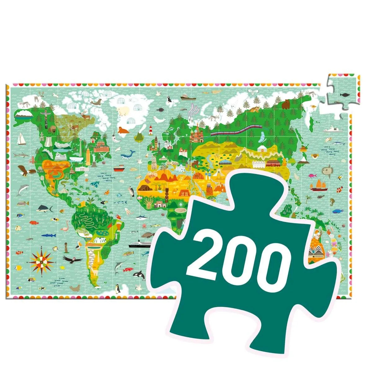 Weltkarte puzzle 200 Teile Das Puzzle Around the World von Djeco schafft es, Lernen und Spaß zu verbinden. Kinder ab 6 Jahren puzzeln aus insgesamt 200 Teilen eine ganz besondere Weltkarte. Das erfordert feinmotorisches Geschick und Konzentration, denn das Puzzle ist farbenfroh und detailreich gestaltet.