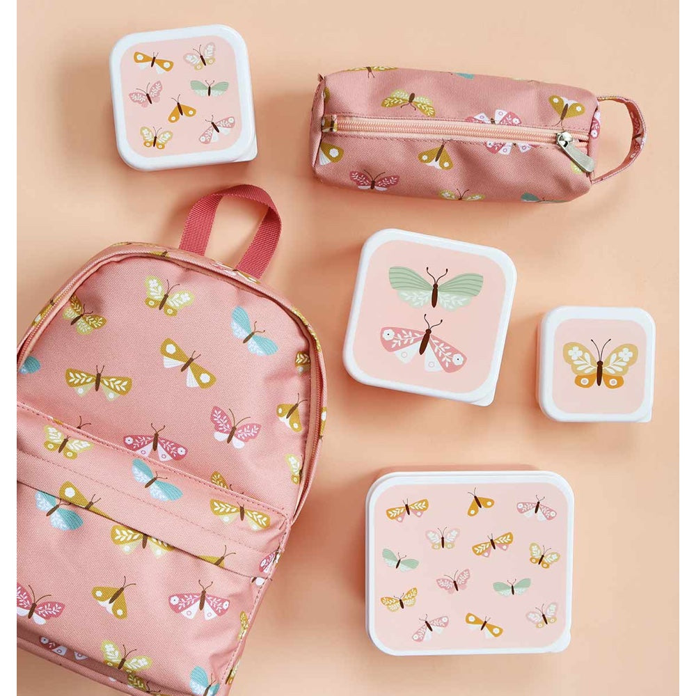 Rucksack von "A Little Lovely Company" in rosa mit Schmetterlingen, Kollektion mit Rucksack, Jausendosen und Federpenal in selbem Muster