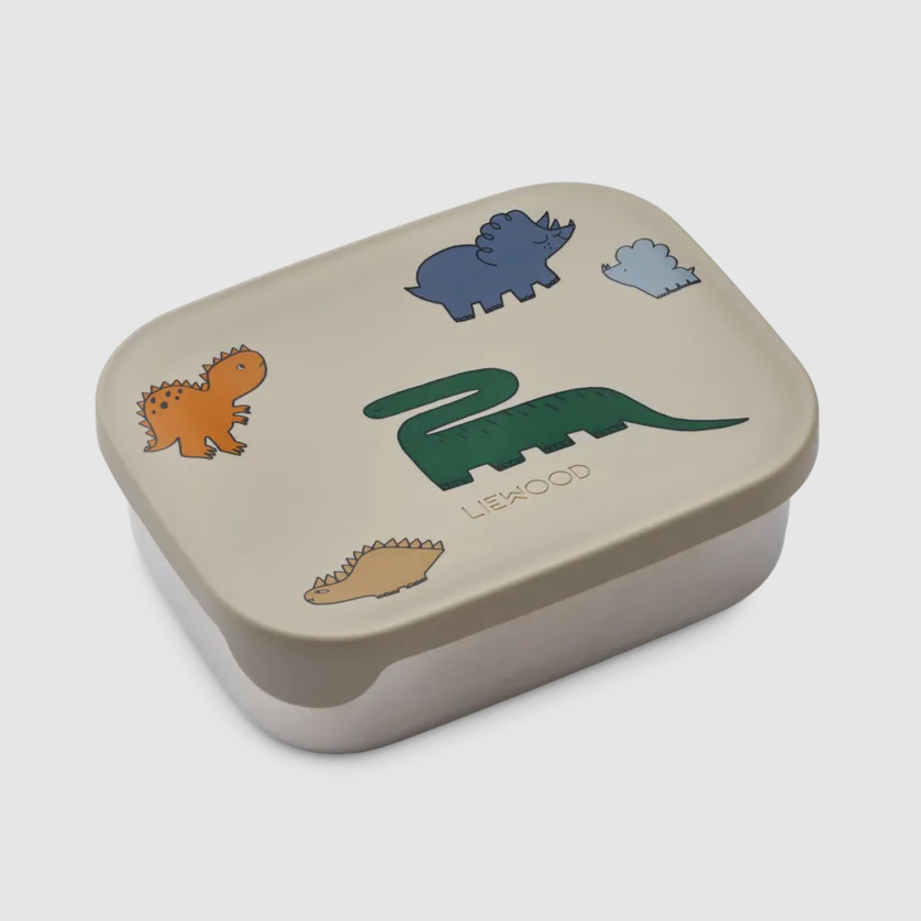 Dinosaurier Eine leichte Brotdose von Liewood aus Edelstahl mit einem süßen Silikondeckel. Die Jausendose ist in drei praktische Fächer unterteilt. Die beliebte Jausendose ist ideal für den Snack im Kindergarten oder in der Schule.