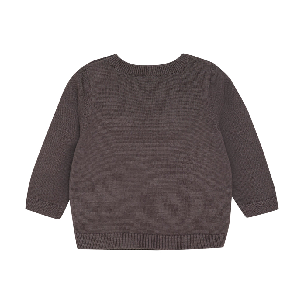 Schlichte Rückseite des grauen Strickpullovers von Minymo für Kinder – ohne Motiv.