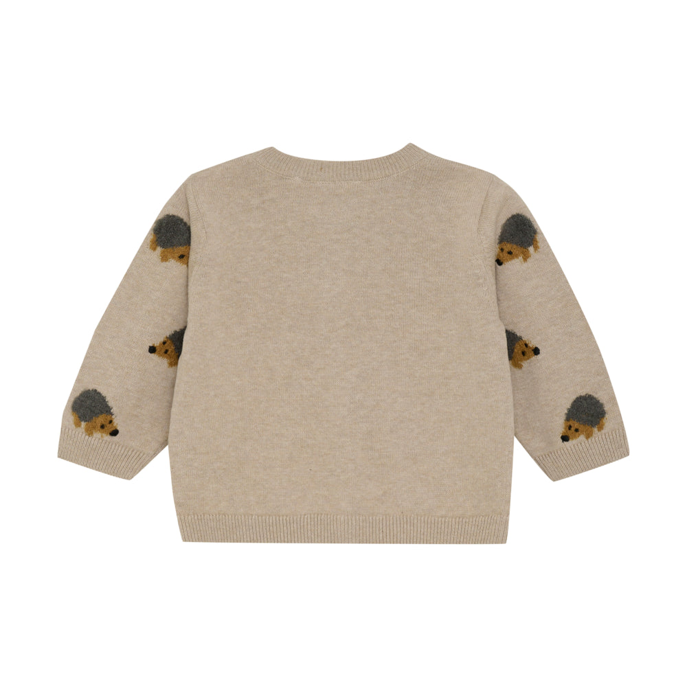 Rückansicht des beigefarbenen Baby-Cardigans mit niedlichen Igelmotiven von Minymo.