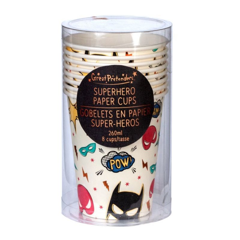 Partybecher Superhelden von Great Pretenders  Stillen Sie den Durst aller jungen Superhelden, die an der Party teilnehmen, mit den farbenfrohen Superhelden-Partybechern. Jede Packung enthält 8 Tassen, die mit bunten Masken bedruckt und mit metallischem Kupfer akzentuiert sind.