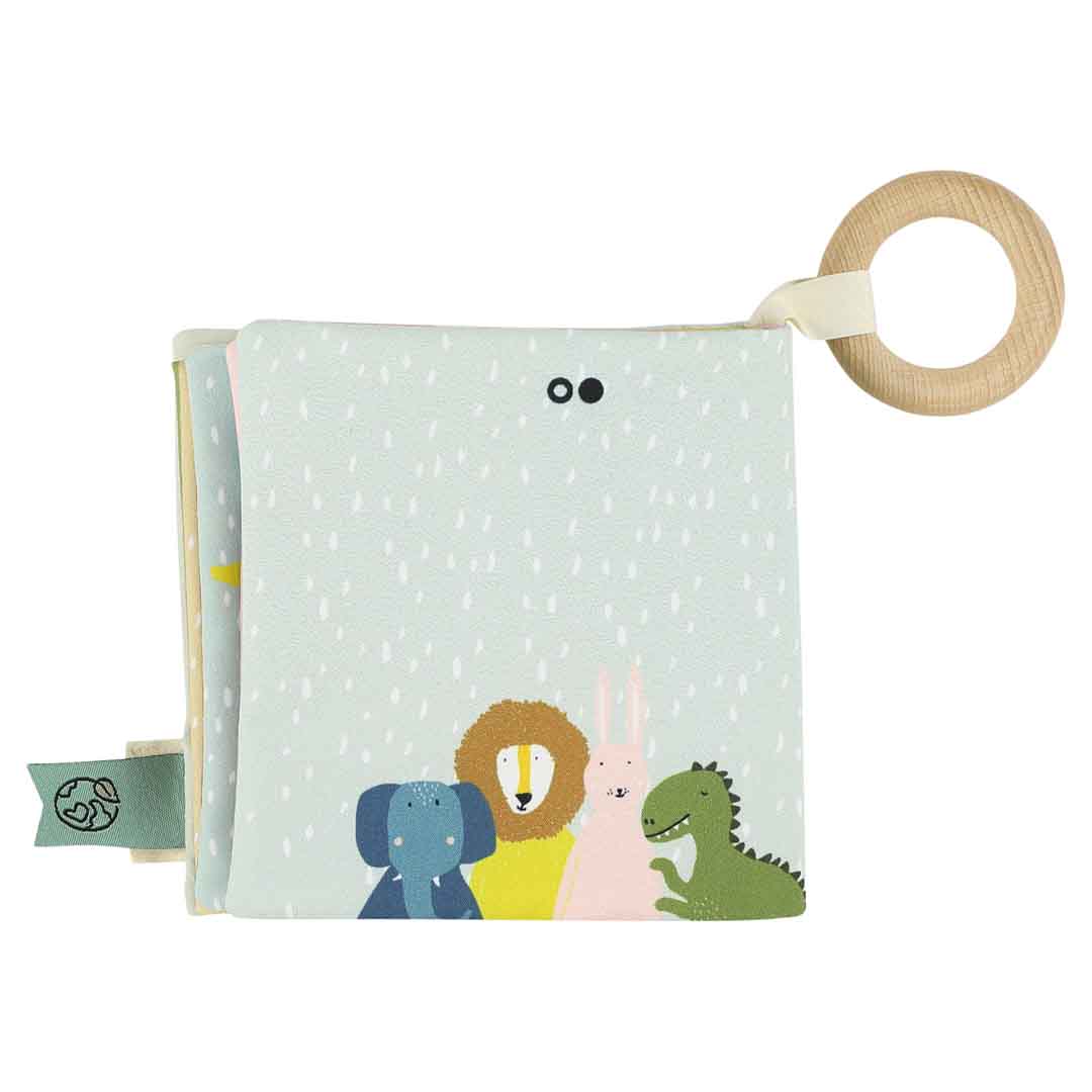Rückseite des weichen Knisterbuchs mit Bio-Baumwolle, recyceltem Polyester und Holzring.