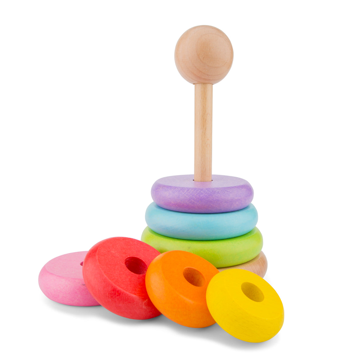Der Regenbogen-Stapelturm von New Classic Toys besteht aus Buchenholz mit 7 farbigen Ringen. Diese langlebige Variante oder der zeitlose Klassiker ist der Favorit vieler Kinder. Die Holzformen sind leicht zu fassen. 
