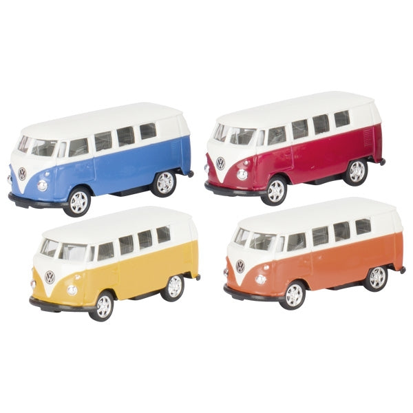 VW kleiner Bus Bully Rückziehauto 11,5 cm von Goki Der VW Microbus aus Spritzguss, Modell 1962 mit Rückzugmotor und peppigen Farben