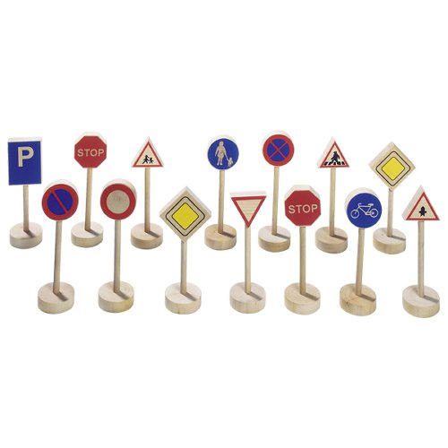 Damit es im Kinderzimmer nicht zu Unfällen kommt, dürfen Verkehrszeichen nicht fehlen. Spielerisch lernen die Kinder hierbei die Bedeutung der Schilder.  Artikelmaß: 11 cm Gewicht (per Stück): 0,24 kg Anzahl-Teile: 15 Altersempfehlung: 3+ Material: Holz