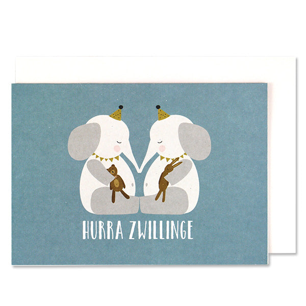 Klappkarte | Elefantenbabies blau "Hurra Zwillinge" | ava & yves