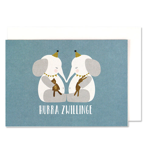 Klappkarte | Elefantenbabies blau "Hurra Zwillinge" | ava & yves